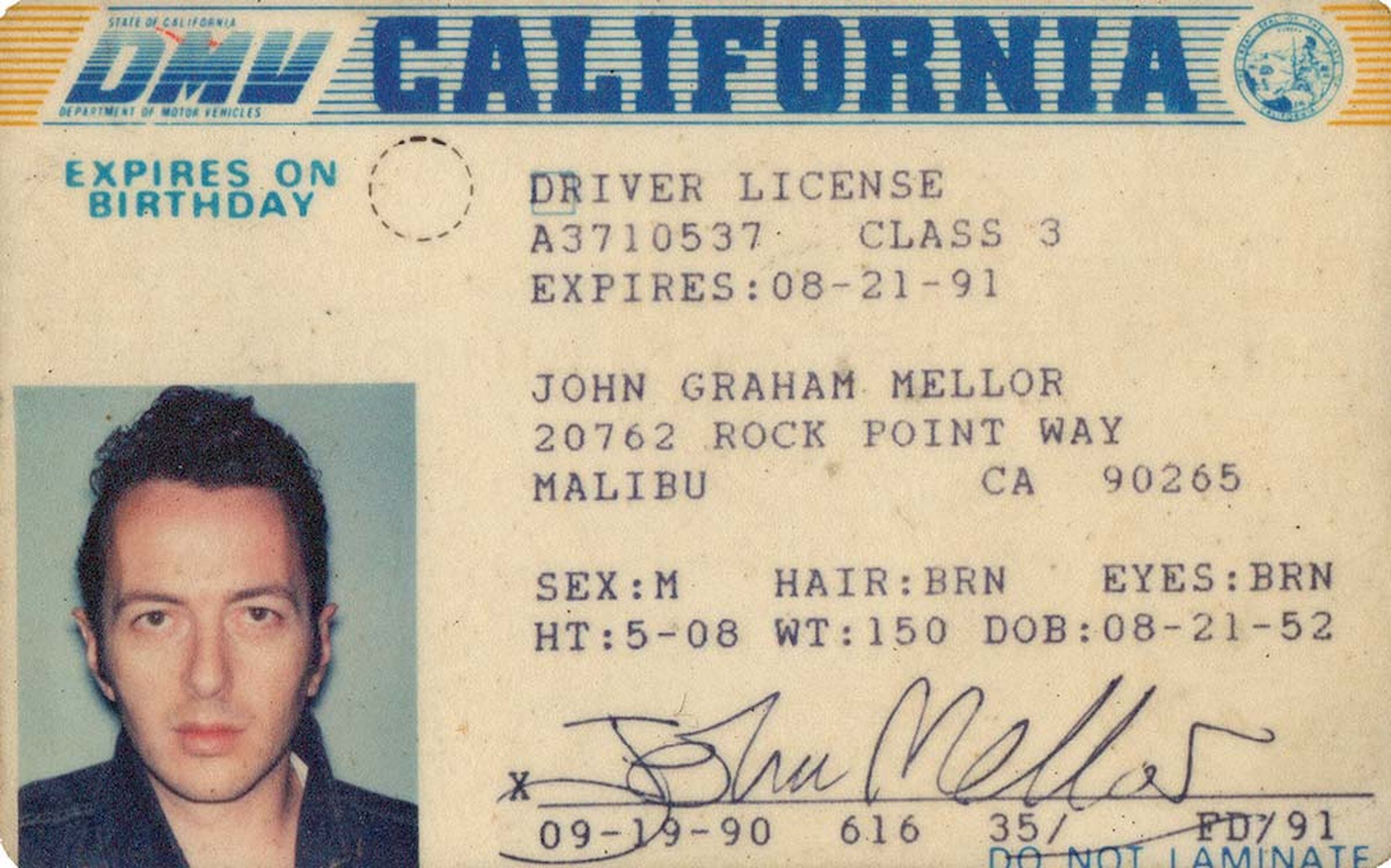 A laminated replica of Joe's California driver license.