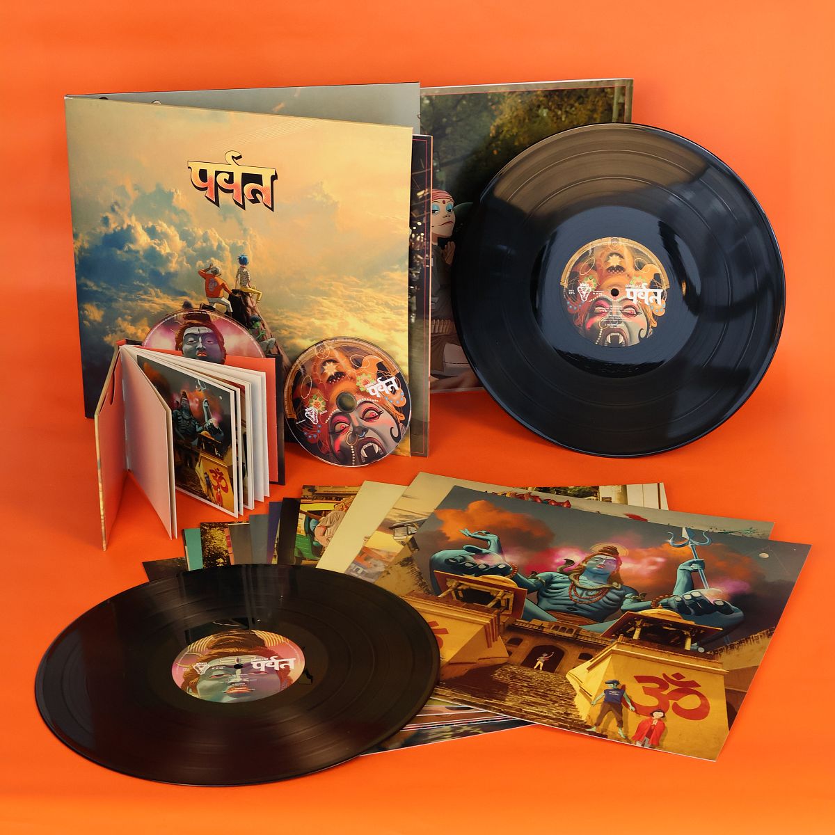 Collection of vinyl records, art prints and CD mediabook for the Gorillaz' The Mountain release