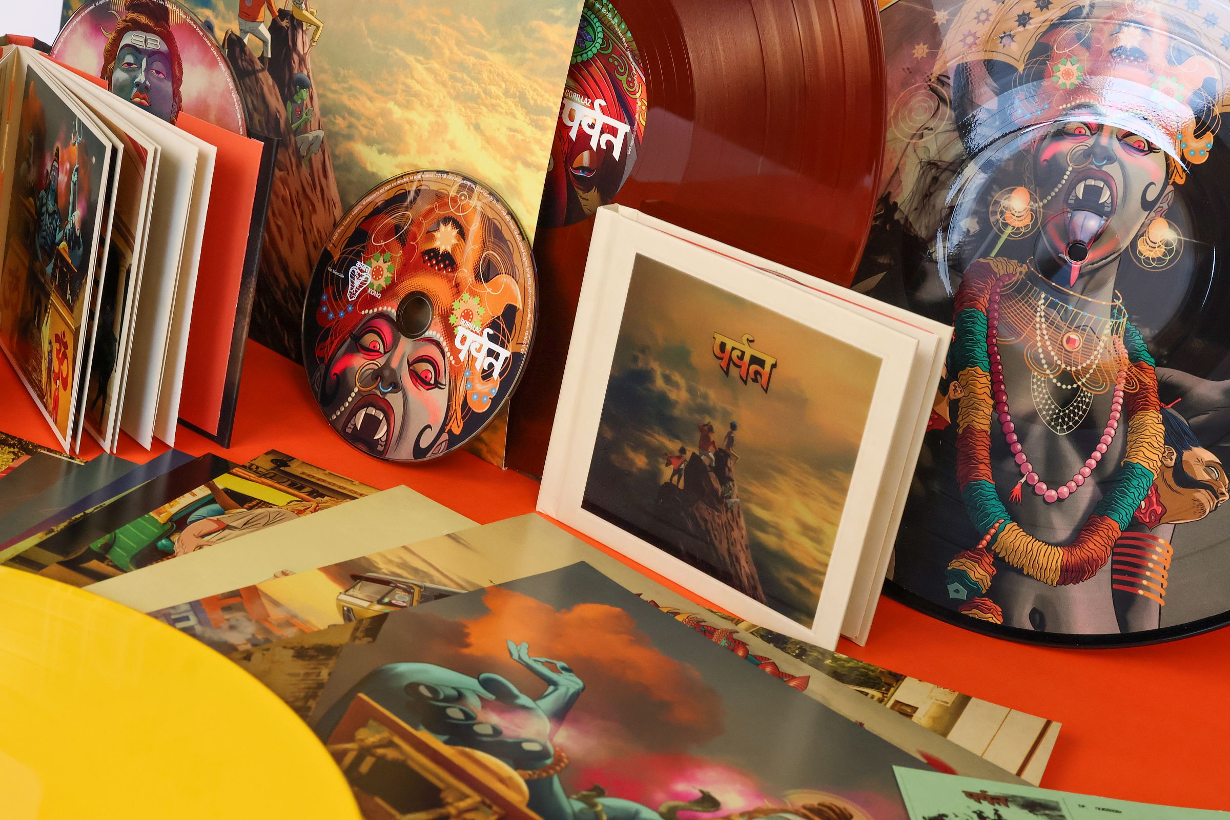 Collection of mediabooks, colour vinyl, CDs and picture discs of the Gorillaz The Mountain release