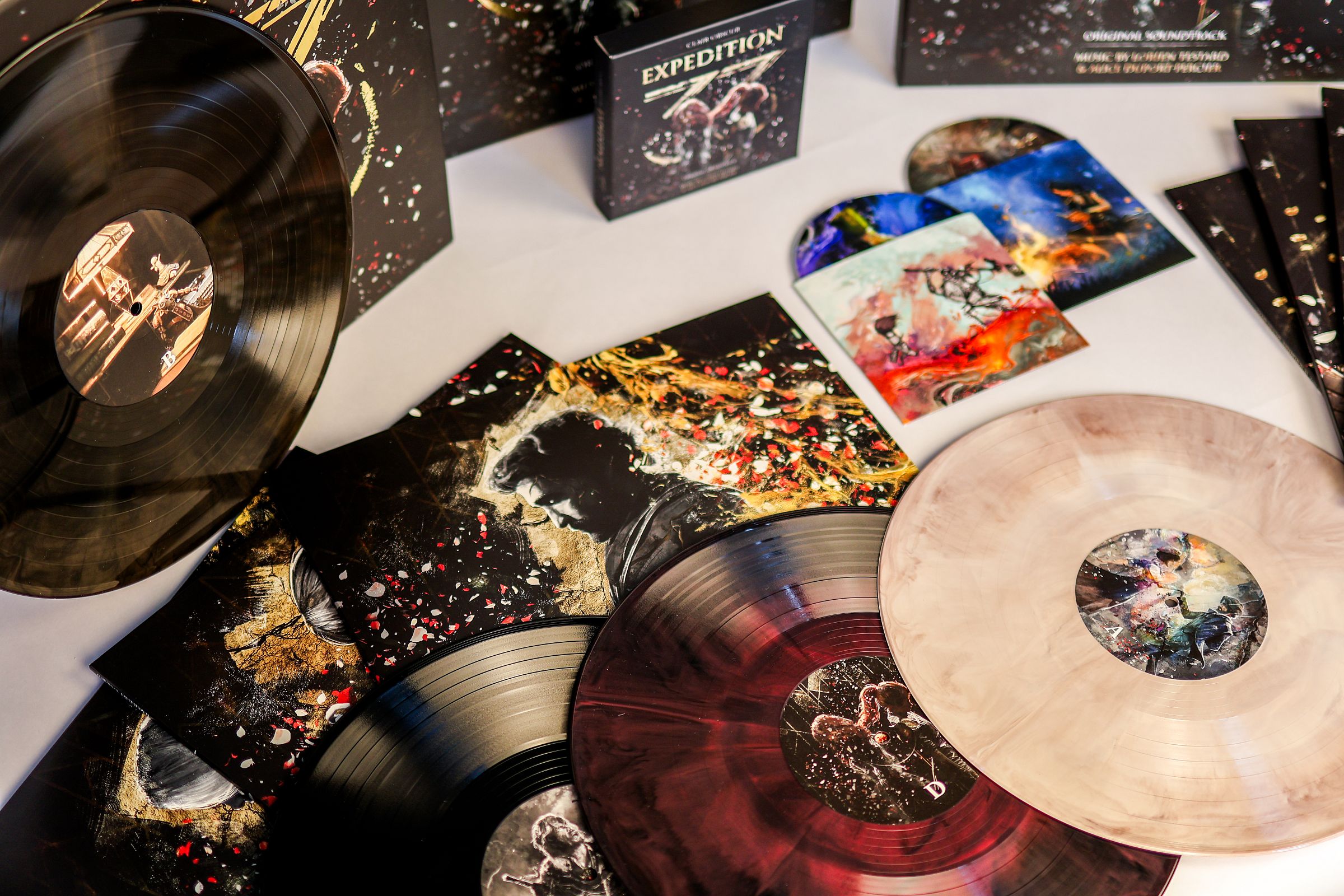 Collection of Clair Obscur Expedition 33 Soundtrack including galaxy effect vinyl