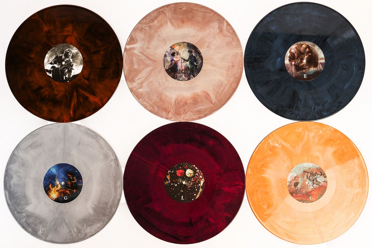 6 multi-colour galaxy vinyl records from the exclusive edition vinyl boxset for Clair Obscur: Expedition 33